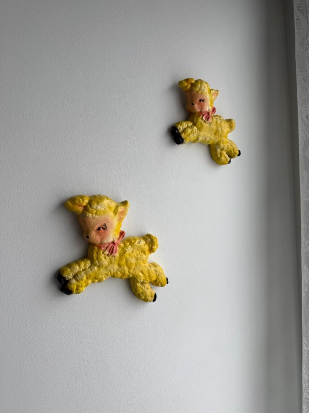 Set of 2 Yellow Lambs Wall Hanging Chalkware Vintage MCM Easter Nursery Decor